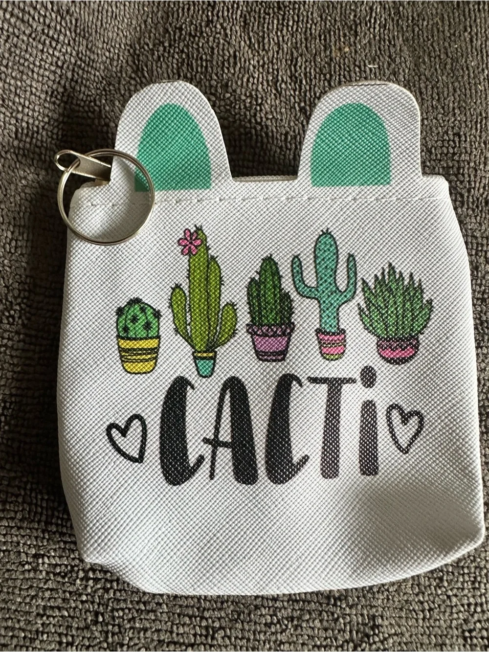 Cacti Canvas Coin Purse Keychain - White & Green